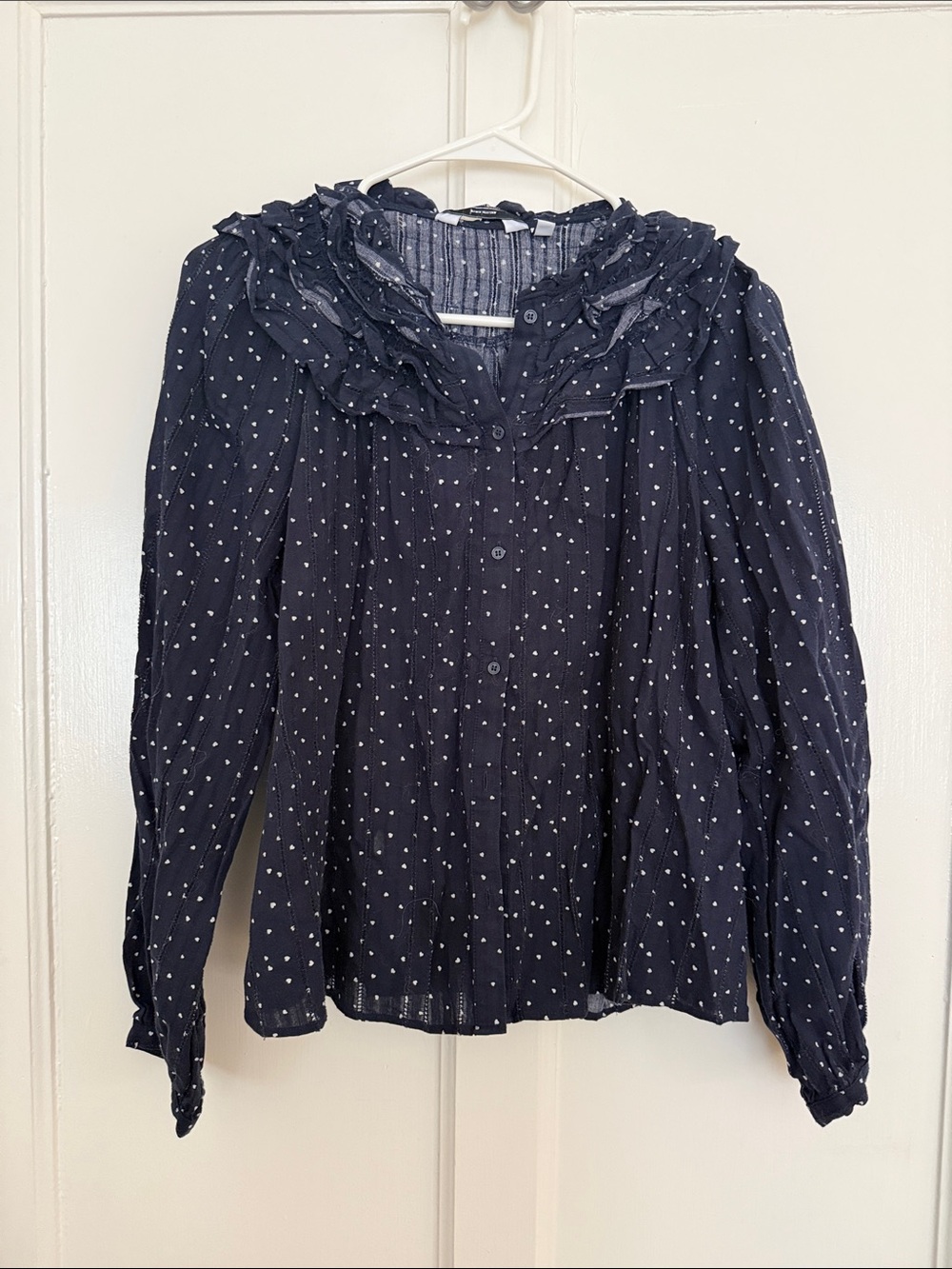 & Other Stories Navy Heart Dot Ruffle Collar Blouse